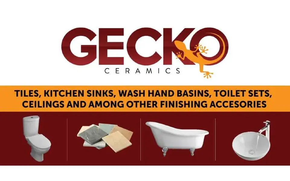 Gecko Ceramics advert showing tiles, a bathtub and basins