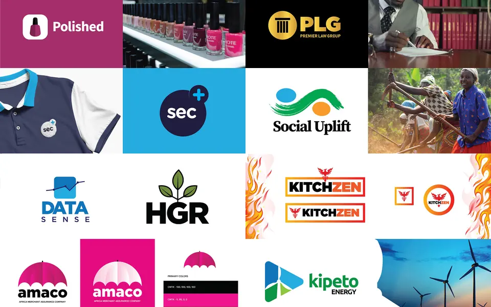 Mosaic of logos including Polished, PLG, Social Uplift, DataSense, Kitchzen, Amaco and Kipeto Energy